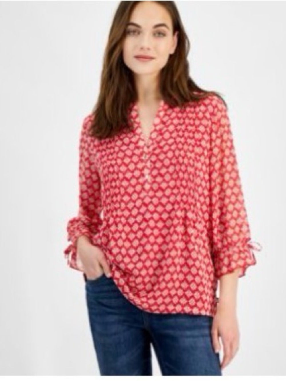 Nautica Red Printed V-Neck Blouse with Tie Cuffs